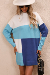 Color Block Mock Neck Dropped Shoulder Sweater Dress - Pahabu - Women's Clothing & Shop