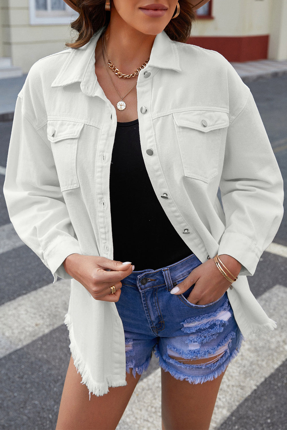 Button Up Pocketed Raw Hem Denim Jacket - Pahabu - Women's Clothing & Shop