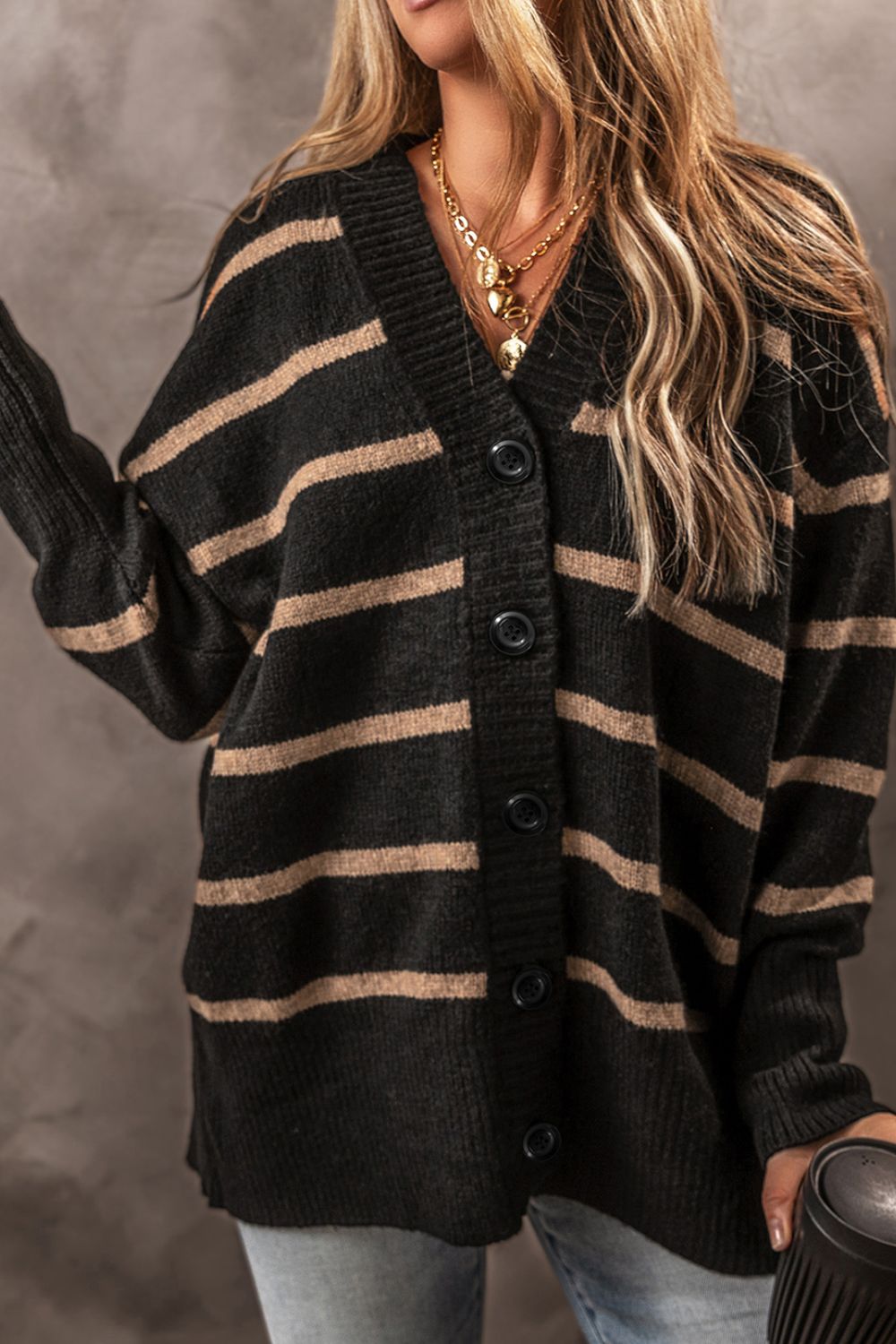 Striped Button Down Long Sleeve Cardigan - Pahabu - Women's Clothing & Shop