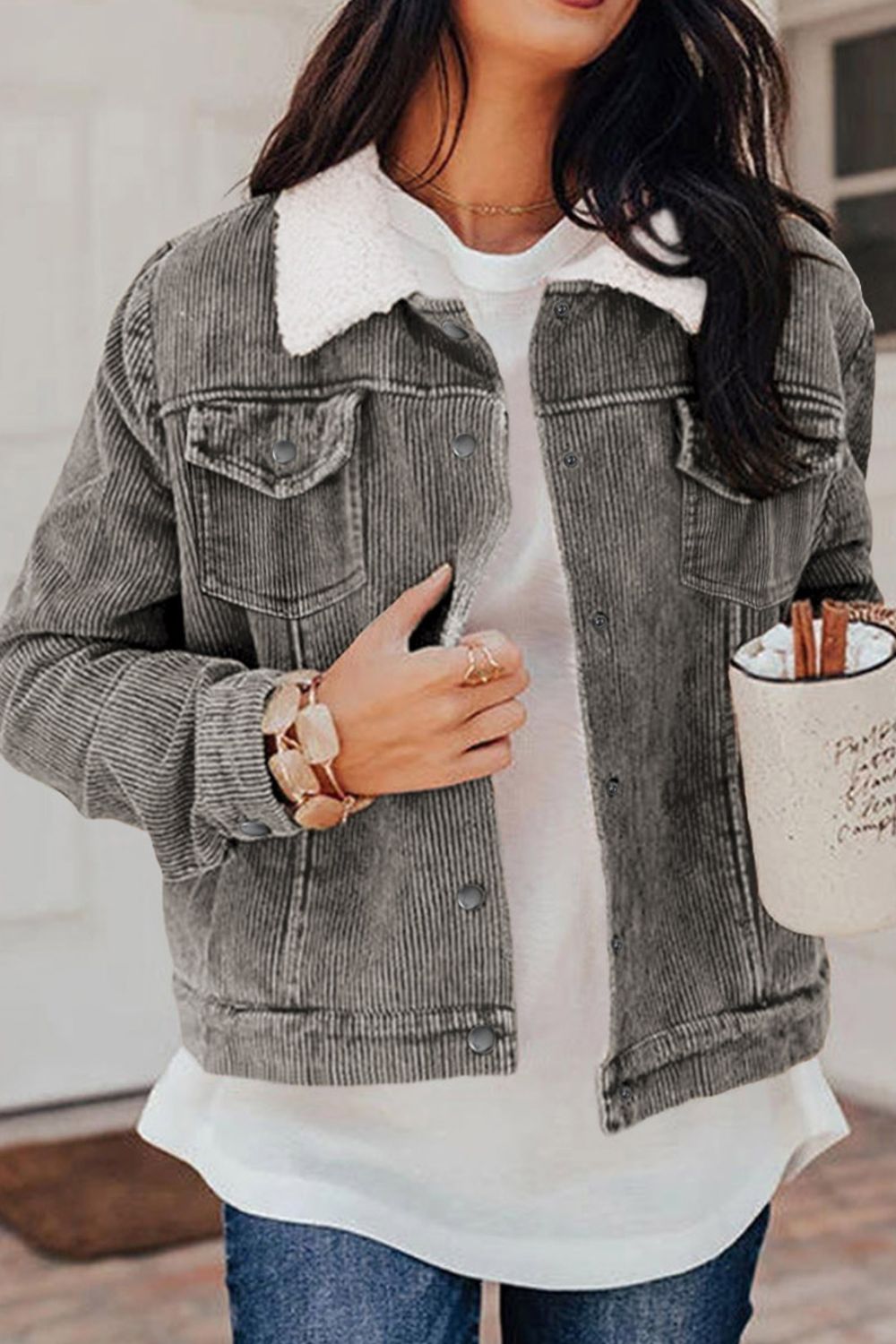 Corduroy Collared Neck Snap Down Jacket - Pahabu - Women's Clothing & Shop