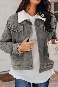 Corduroy Collared Neck Snap Down Jacket - Pahabu - Women's Clothing & Shop