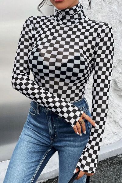 Checkered Turtleneck Long Sleeve Bodysuit - Pahabu - Women's Clothing & Shop