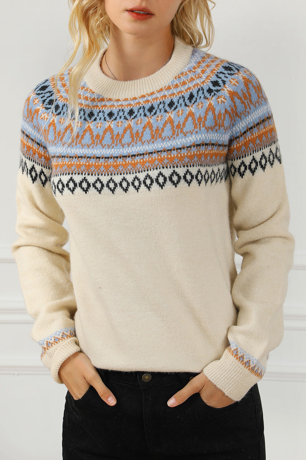 Geometric Round Neck Long Sleeve Sweater - Pahabu - Women's Clothing & Shop