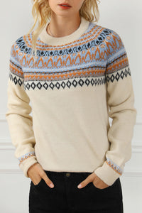 Geometric Round Neck Long Sleeve Sweater - Pahabu - Women's Clothing & Shop