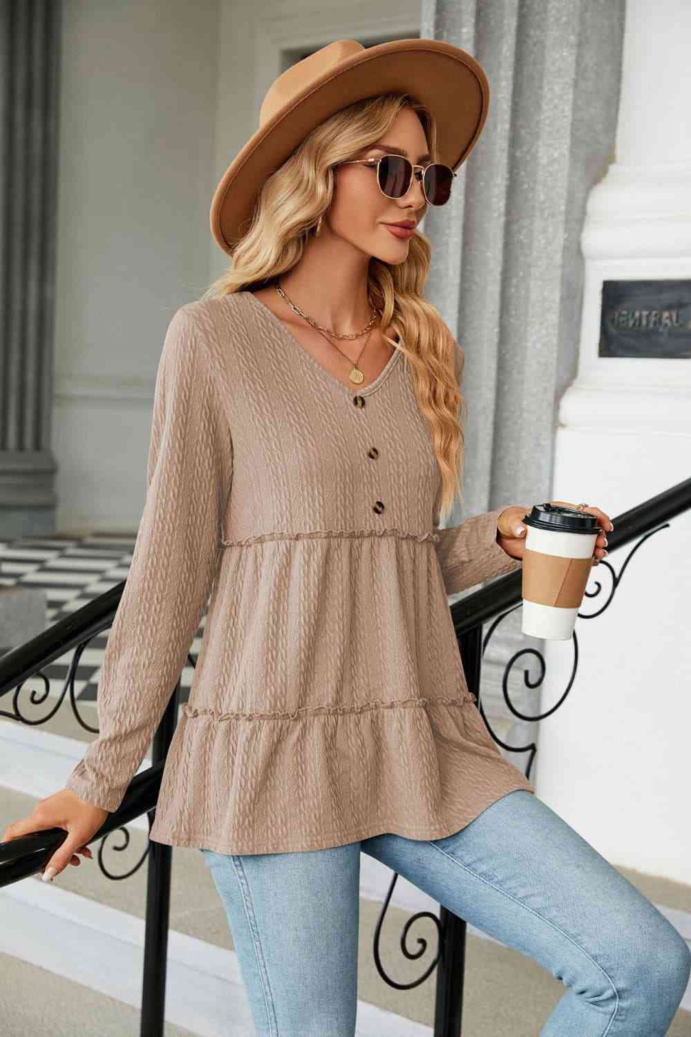 Long Sleeve V-Neck Cable-Knit Blouse - Pahabu - Women's Clothing & Shop