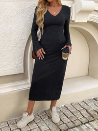 Devine Tied V-Neck Long Sleeve Sweater Dress - Pahabu - Women's Clothing & Shop