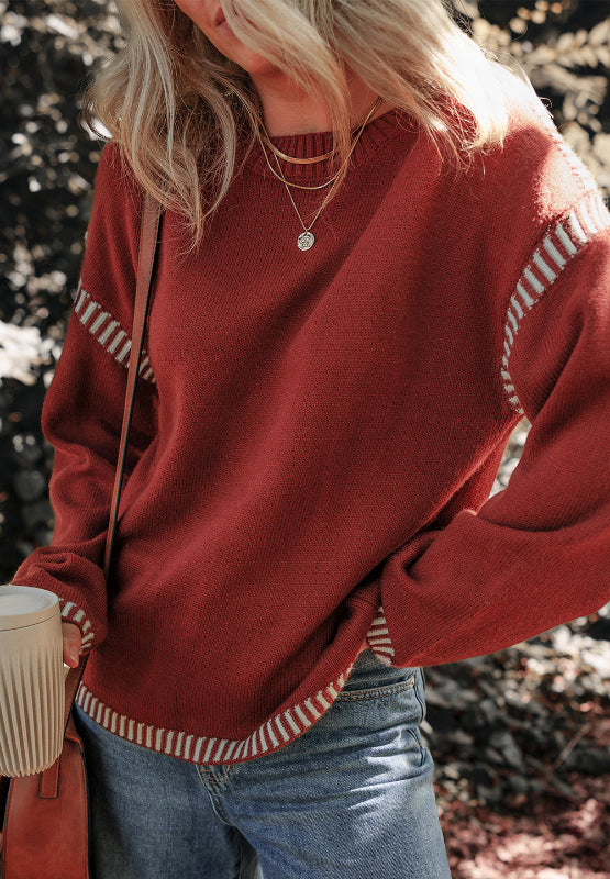 Striped Detail Round Neck Dropped Shoulder Sweater - Pahabu - Women's Clothing & Shop