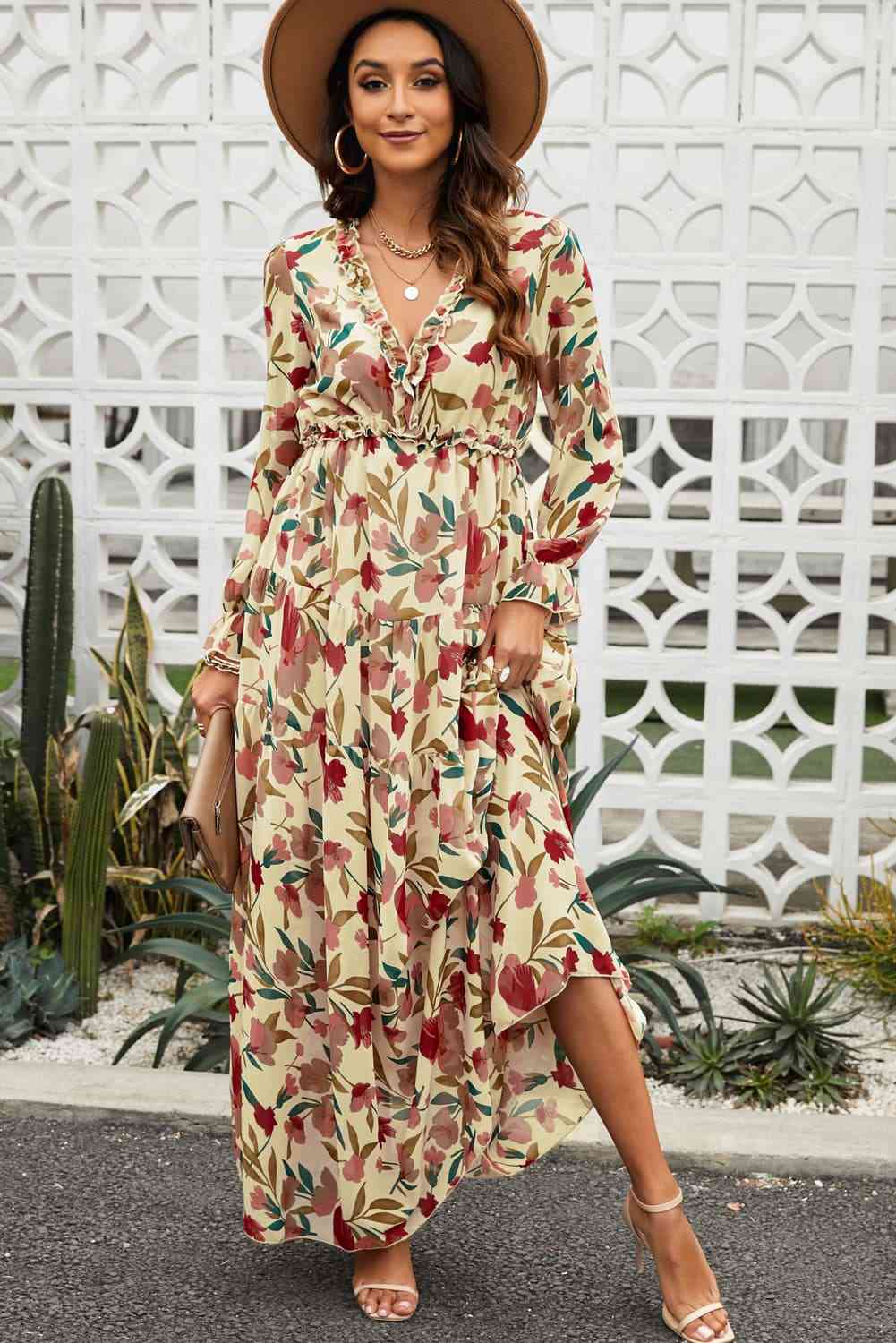 Floral Frill Trim Flounce Sleeve Plunge Maxi Dress - Pahabu - Women's Clothing & Shop