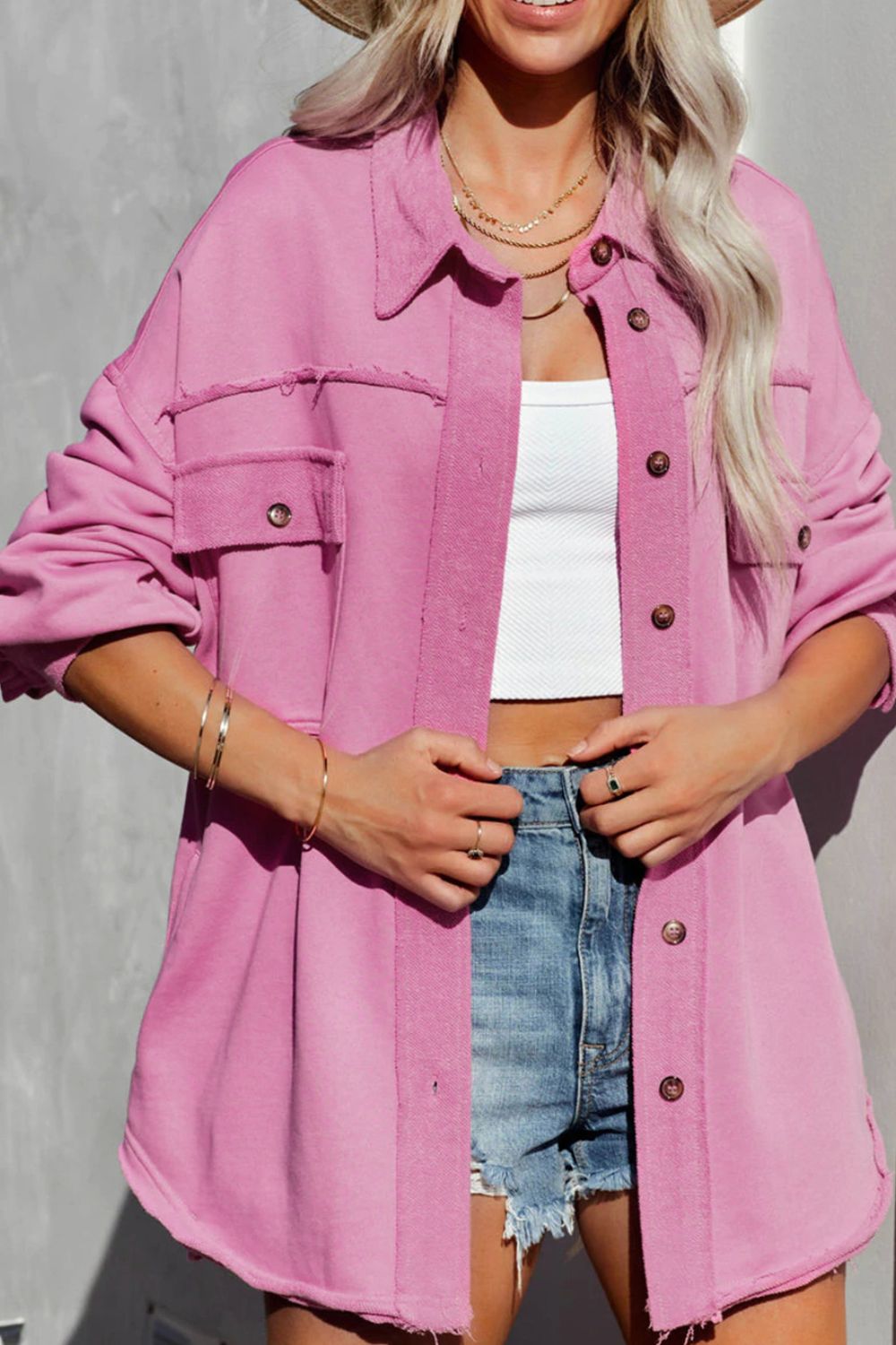 Exposed Seam Collared Neck Button Up Jacket - Pahabu - Women's Clothing & Shop