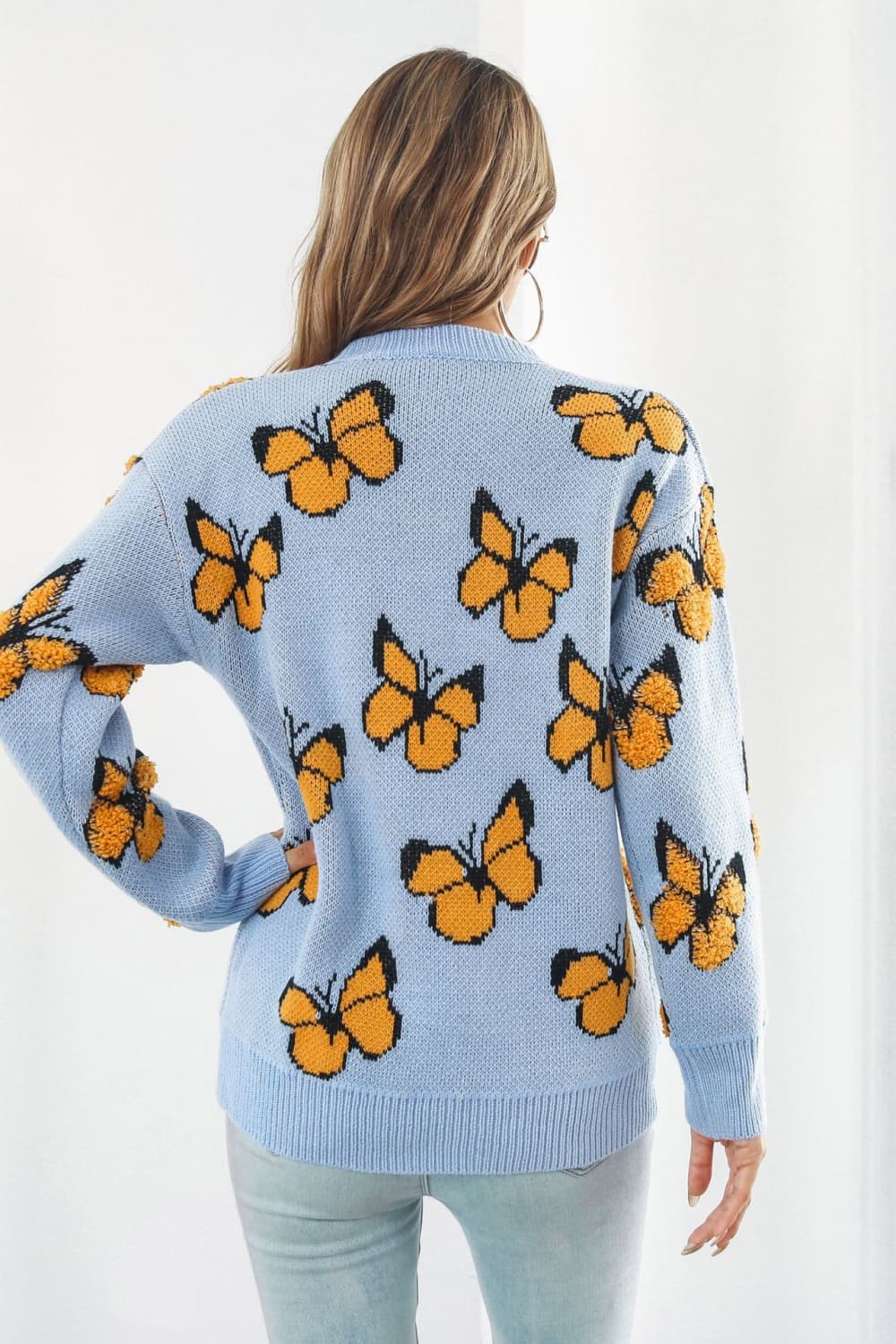 Butterfly Pattern Round Neck Dropped Shoulder Sweater - Pahabu - Women's Clothing & Shop