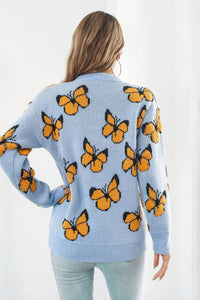 Butterfly Pattern Round Neck Dropped Shoulder Sweater - Pahabu - Women's Clothing & Shop