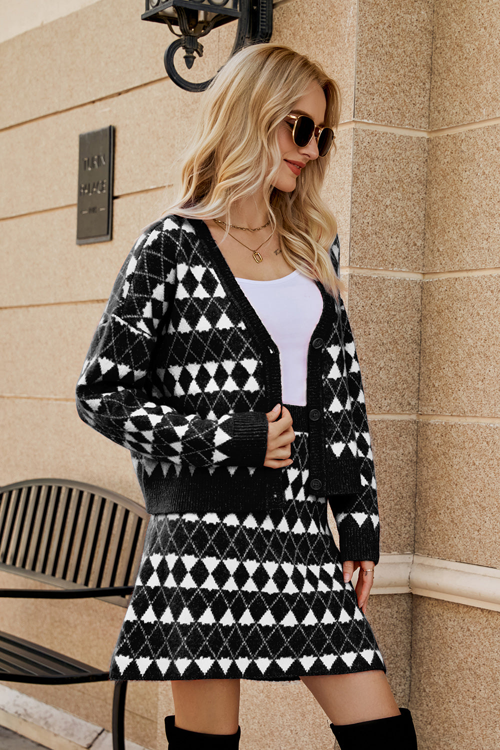 Geometric Button Front Cardigan and Skirt Set - Pahabu - Women's Clothing & Shop