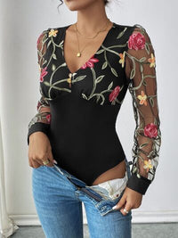 Perfee Embroidered V-Neck Long Sleeve Bodysuit - Pahabu - Women's Clothing & Shop