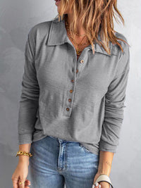 Collared Neck Half Button Top - Pahabu - Women's Clothing & Shop