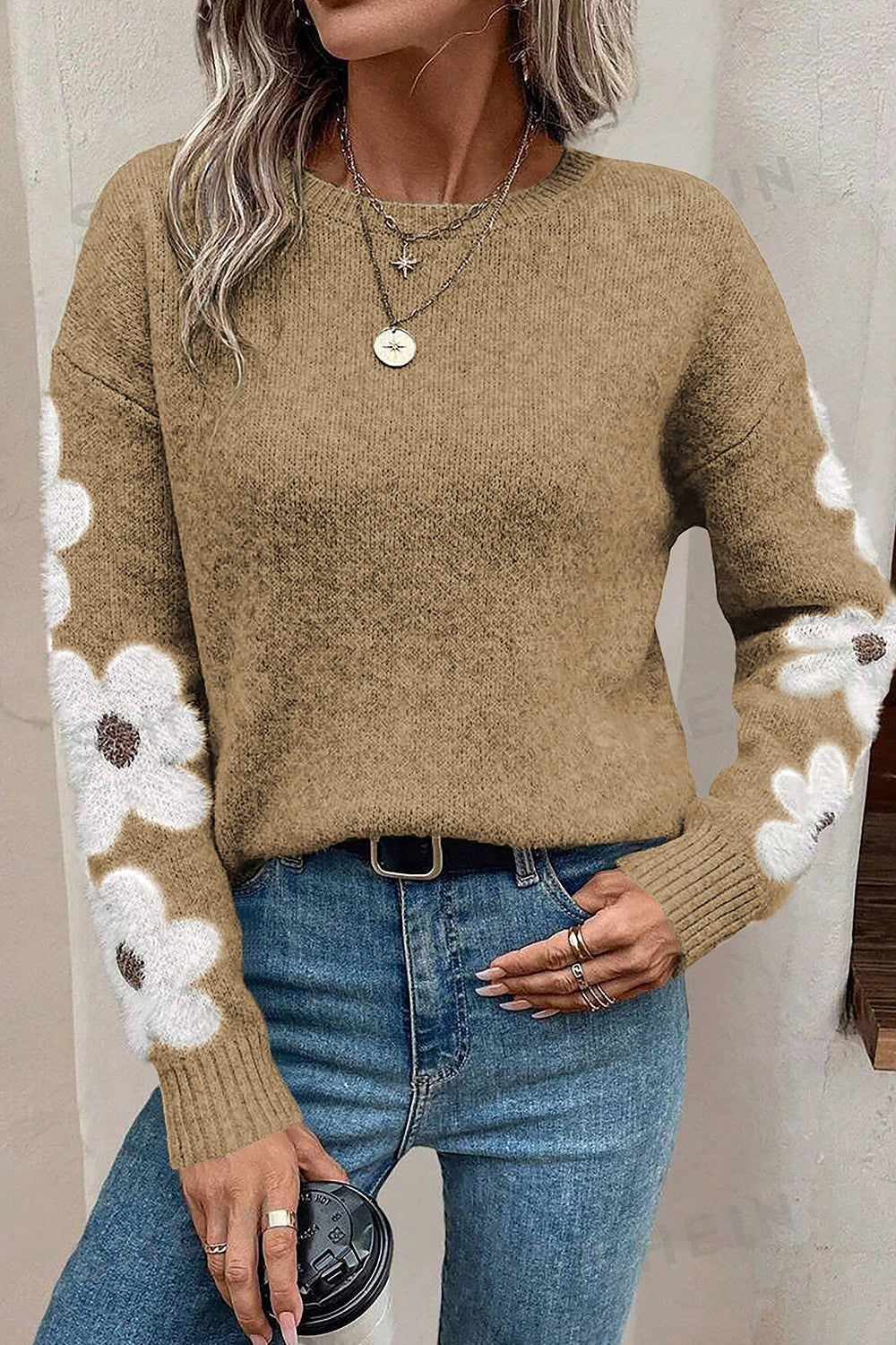 Flower Round Neck Long Sleeve Sweater - Pahabu - Women's Clothing & Shop