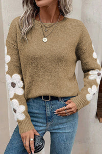 Flower Round Neck Long Sleeve Sweater - Pahabu - Women's Clothing & Shop