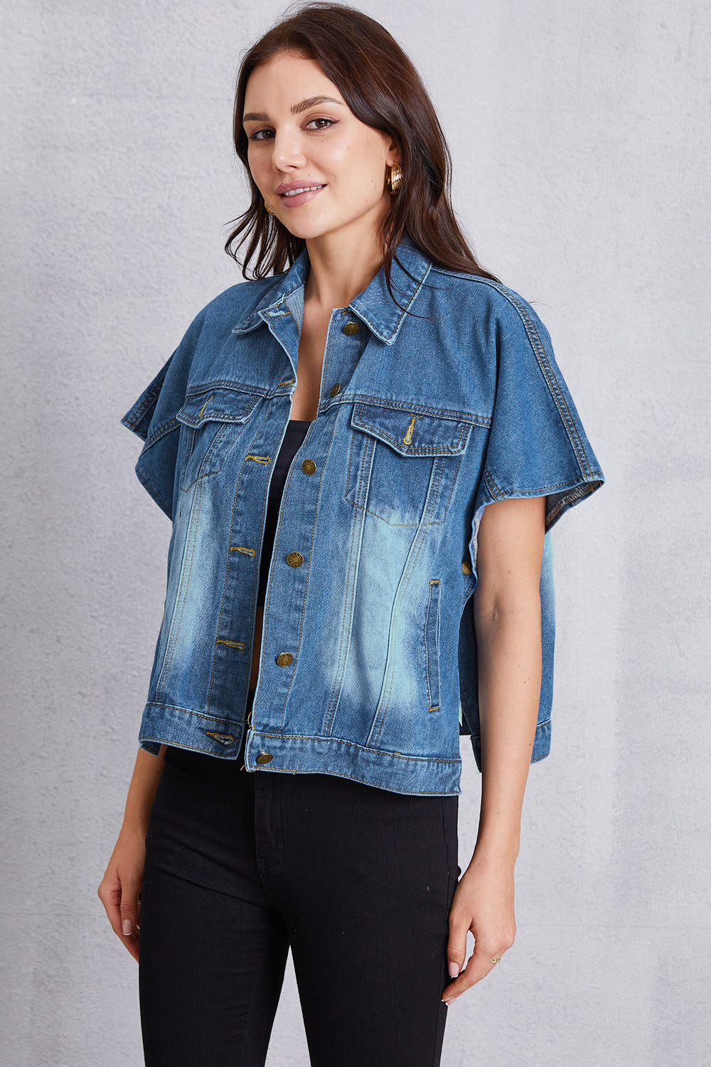 Pocketed Button Up Short Sleeve Denim Top - Pahabu - Women's Clothing & Shop