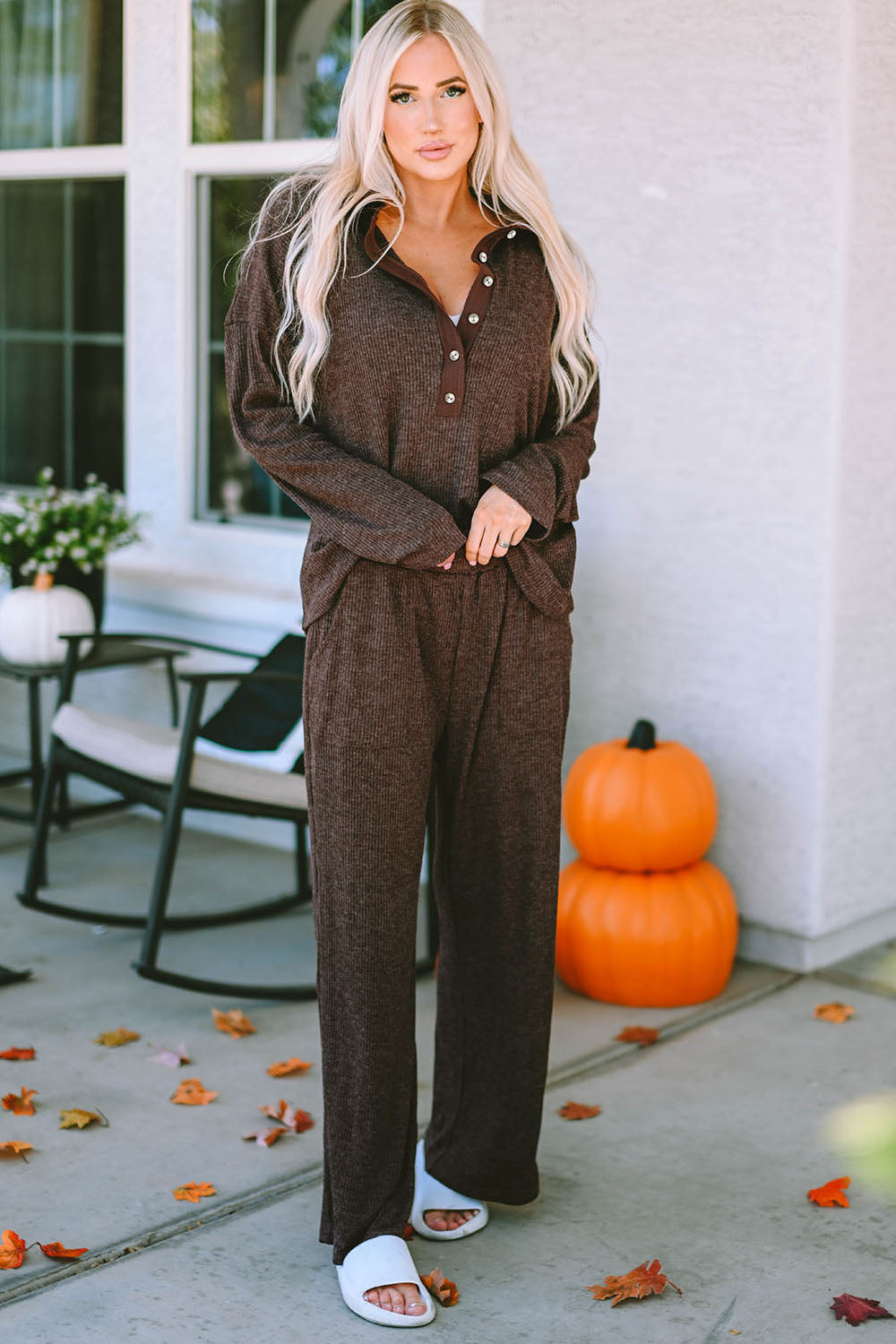 Buttoned Long Sleeve Top and Long Pants Lounge Set - Pahabu - Women's Clothing & Shop