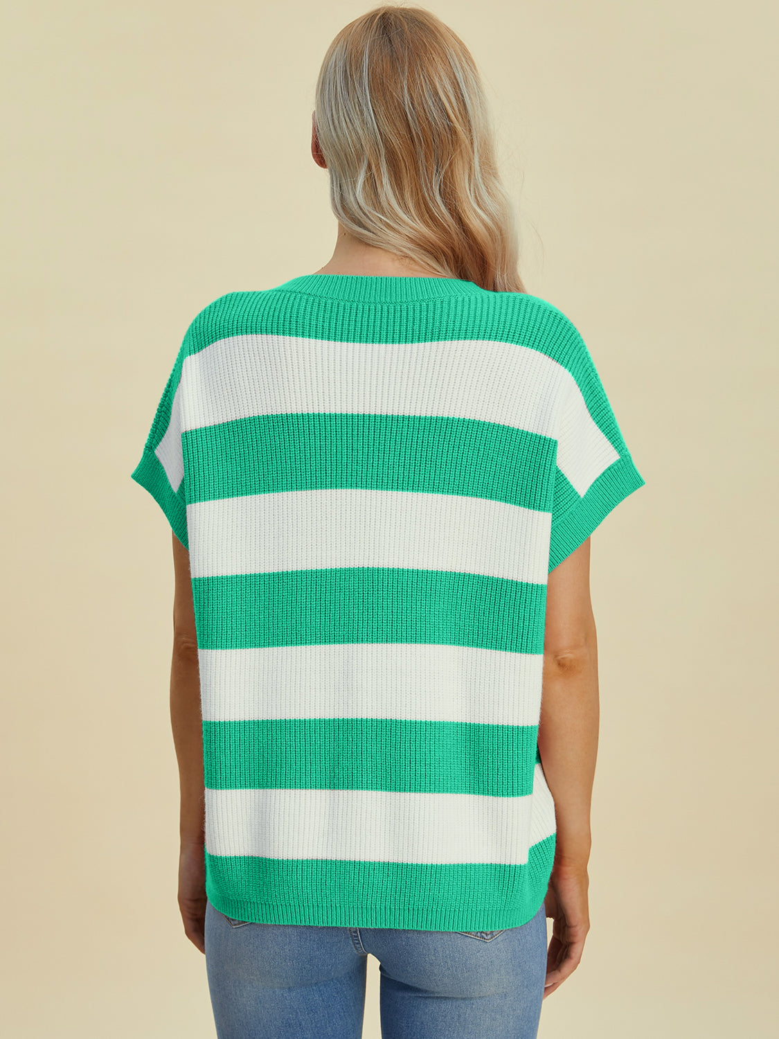 Double Take Full Size Striped V-Neck Short Sleeve Sweater - Pahabu - Women's Clothing & Shop
