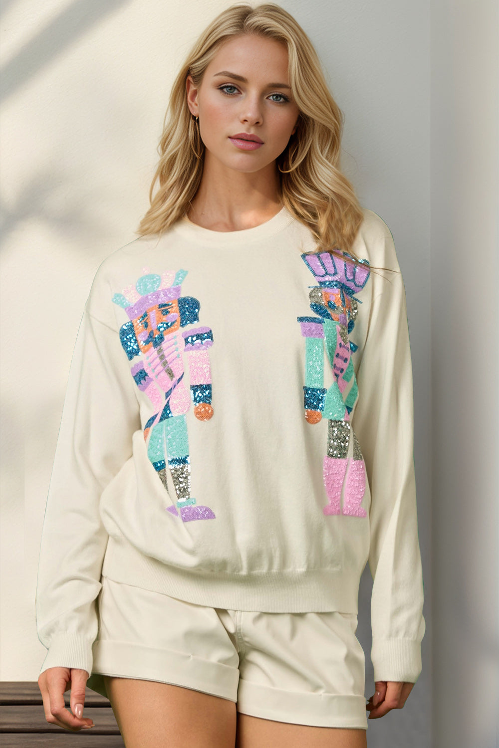 Double Take Full Size Sequin Nutcracker Long Sleeve Sweater - Pahabu - Women's Clothing & Shop