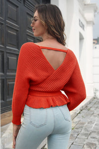 Tie Waist Ruffle Hem Sweater - Pahabu - Women's Clothing & Shop