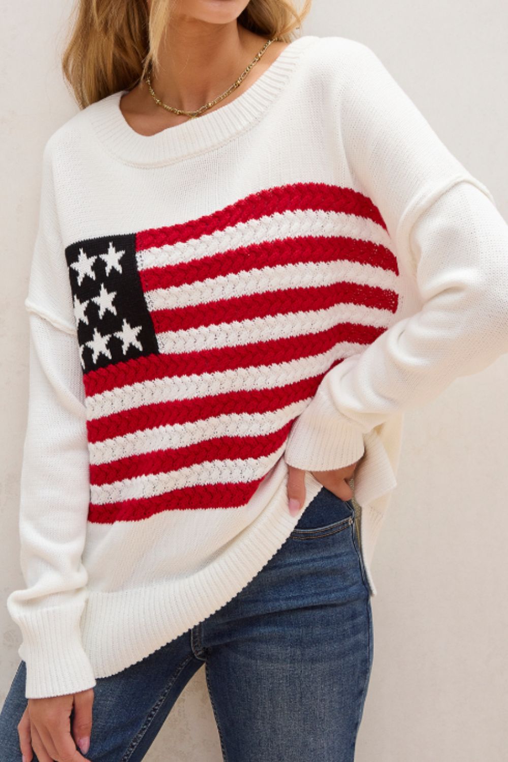 US Flag Side Slit Drop Shoulder Sweater - Pahabu - Women's Clothing & Shop
