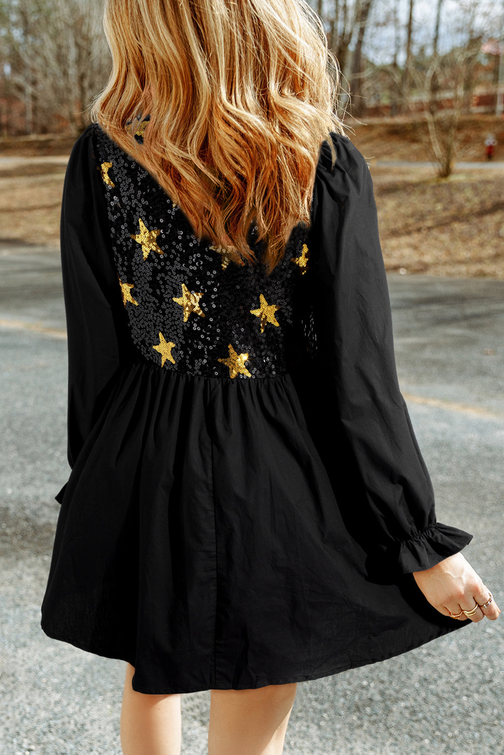 Sequin Star Round Neck Flounce Sleeve Mini Dress - Pahabu - Women's Clothing & Shop
