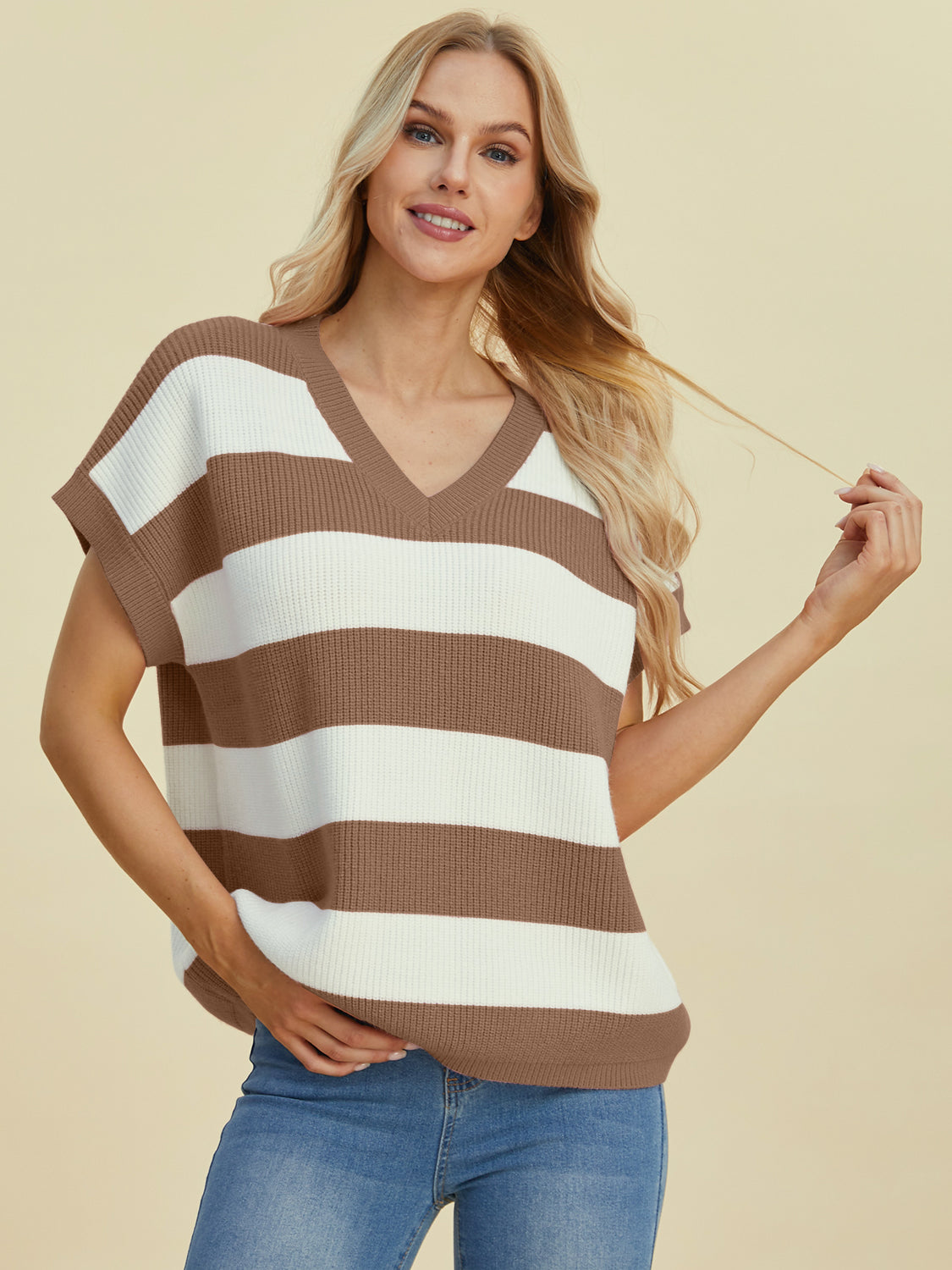 Double Take Full Size Striped V-Neck Short Sleeve Sweater - Pahabu - Women's Clothing & Shop