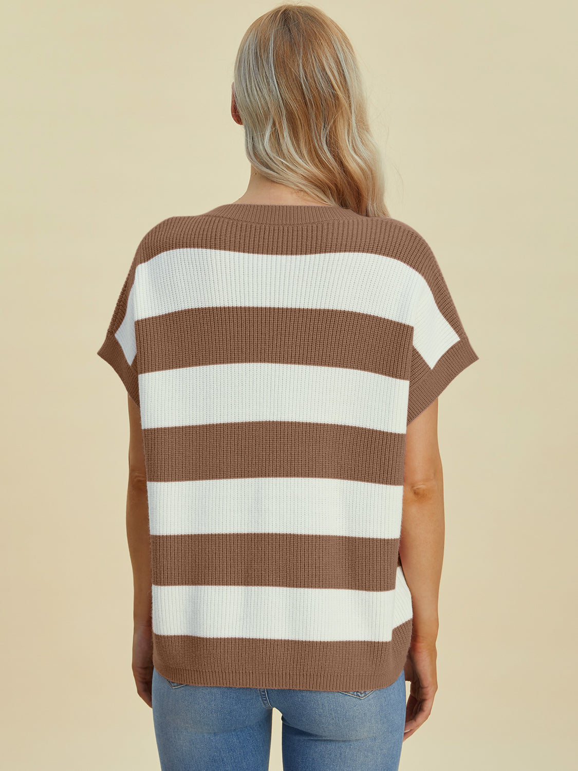 Double Take Full Size Striped V-Neck Short Sleeve Sweater - Pahabu - Women's Clothing & Shop