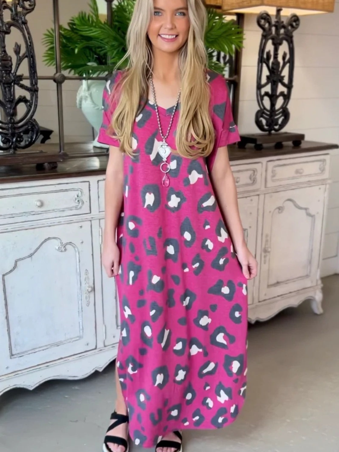 Leopard Slit V-Neck Short Sleeve Maxi Dress - Pahabu - Women's Clothing & Shop