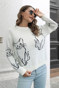 Cat Pattern Round Neck Long Sleeve Pullover Sweater - Pahabu - Women's Clothing & Shop