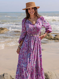 Printed Tie Neck Balloon Sleeve Maxi Dress - Pahabu - Women's Clothing & Shop