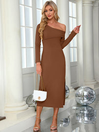 Slit One Shoulder Long Sleeve Dress - Pahabu - Women's Clothing & Shop