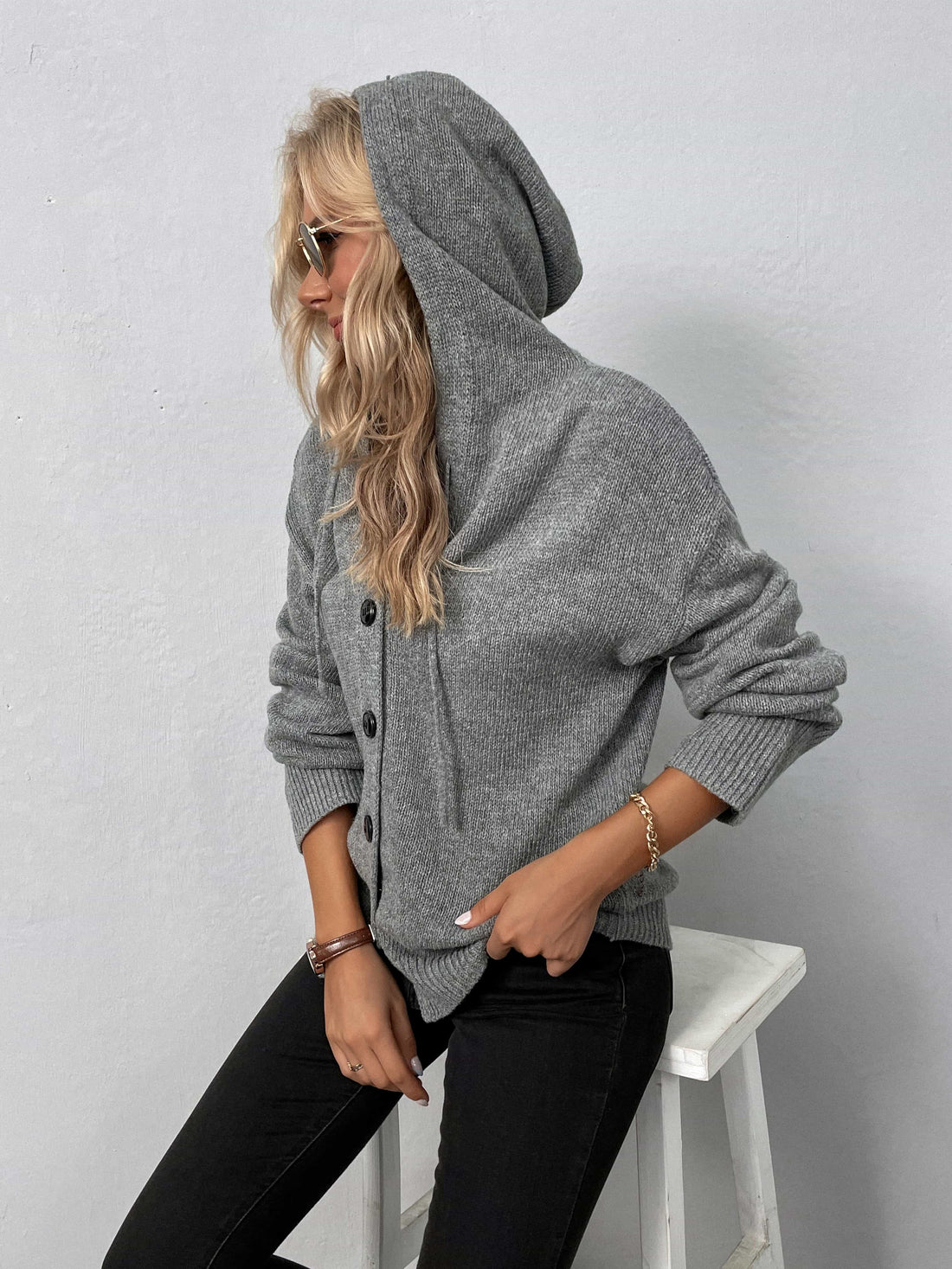 Button-Down Long Sleeve Hooded Sweater - Pahabu - Women's Clothing & Shop