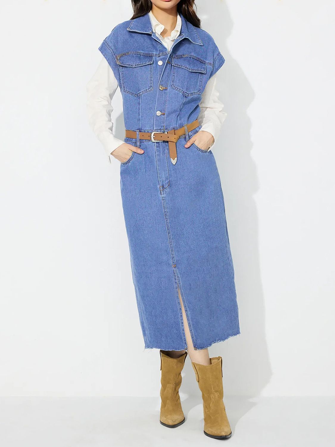 Slit Half Button Collared Neck Cap Sleeve Denim Dress - Pahabu - Women's Clothing & Shop