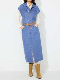 Slit Half Button Collared Neck Cap Sleeve Denim Dress - Pahabu - Women's Clothing & Shop
