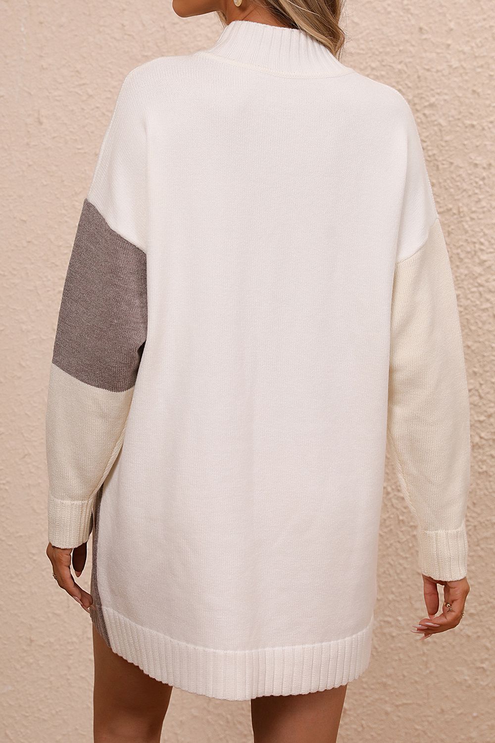 Color Block Mock Neck Dropped Shoulder Sweater Dress - Pahabu - Women's Clothing & Shop