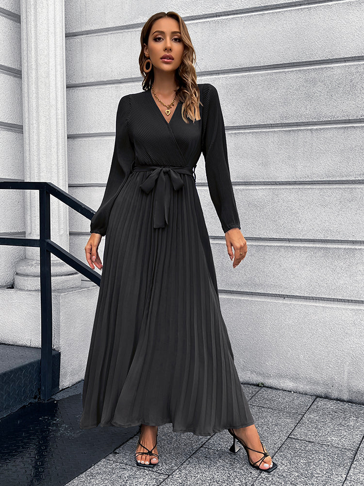 V-Neck Tie Waist Pleated Maxi Dress - Pahabu - Women's Clothing & Shop