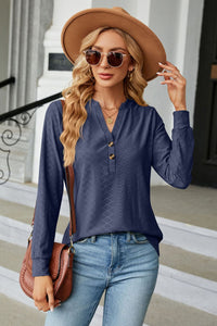 Notched Neck Long Sleeve Buttoned Blouse - Pahabu - Women's Clothing & Shop