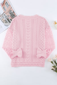 Openwork Round Neck Long Sleeve Sweater - Pahabu - Women's Clothing & Shop