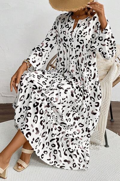 Leopard Notched Long Sleeve Dress - Pahabu - Women's Clothing & Shop