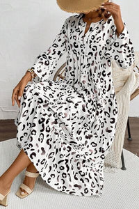 Leopard Notched Long Sleeve Dress - Pahabu - Women's Clothing & Shop