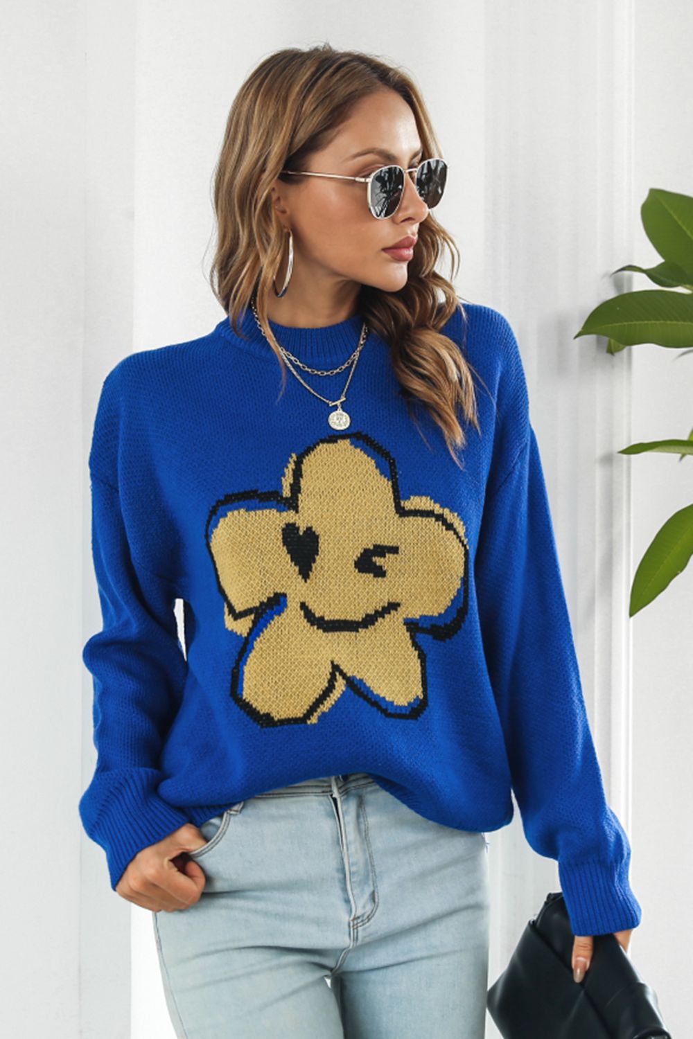 Flower Graphic Drop Shoulder Sweater - Pahabu - Women's Clothing & Shop