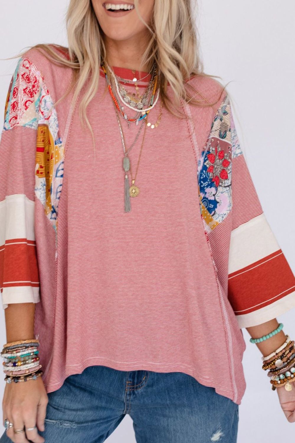 Striped Floral Patchwork Round Neck Top - Pahabu - Women's Clothing & Shop