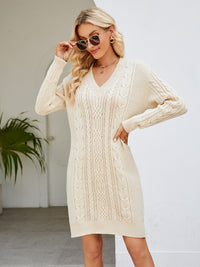 Cable-Knit V-Neck Mini Sweater Dress - Pahabu - Women's Clothing & Shop