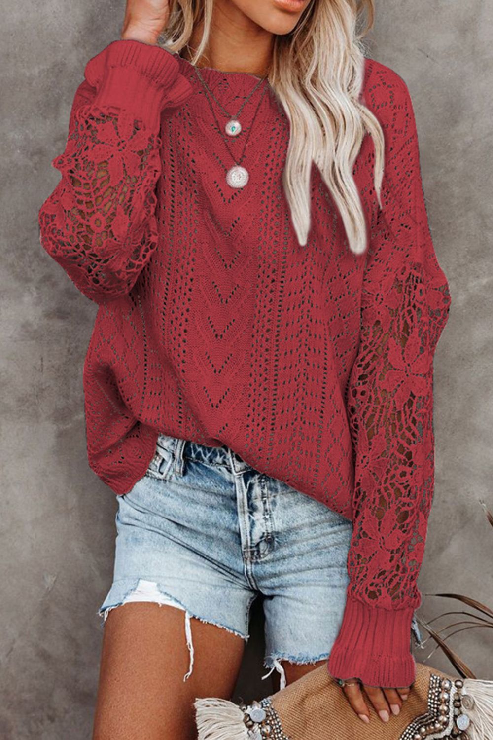 Openwork Round Neck Long Sleeve Sweater - Pahabu - Women's Clothing & Shop