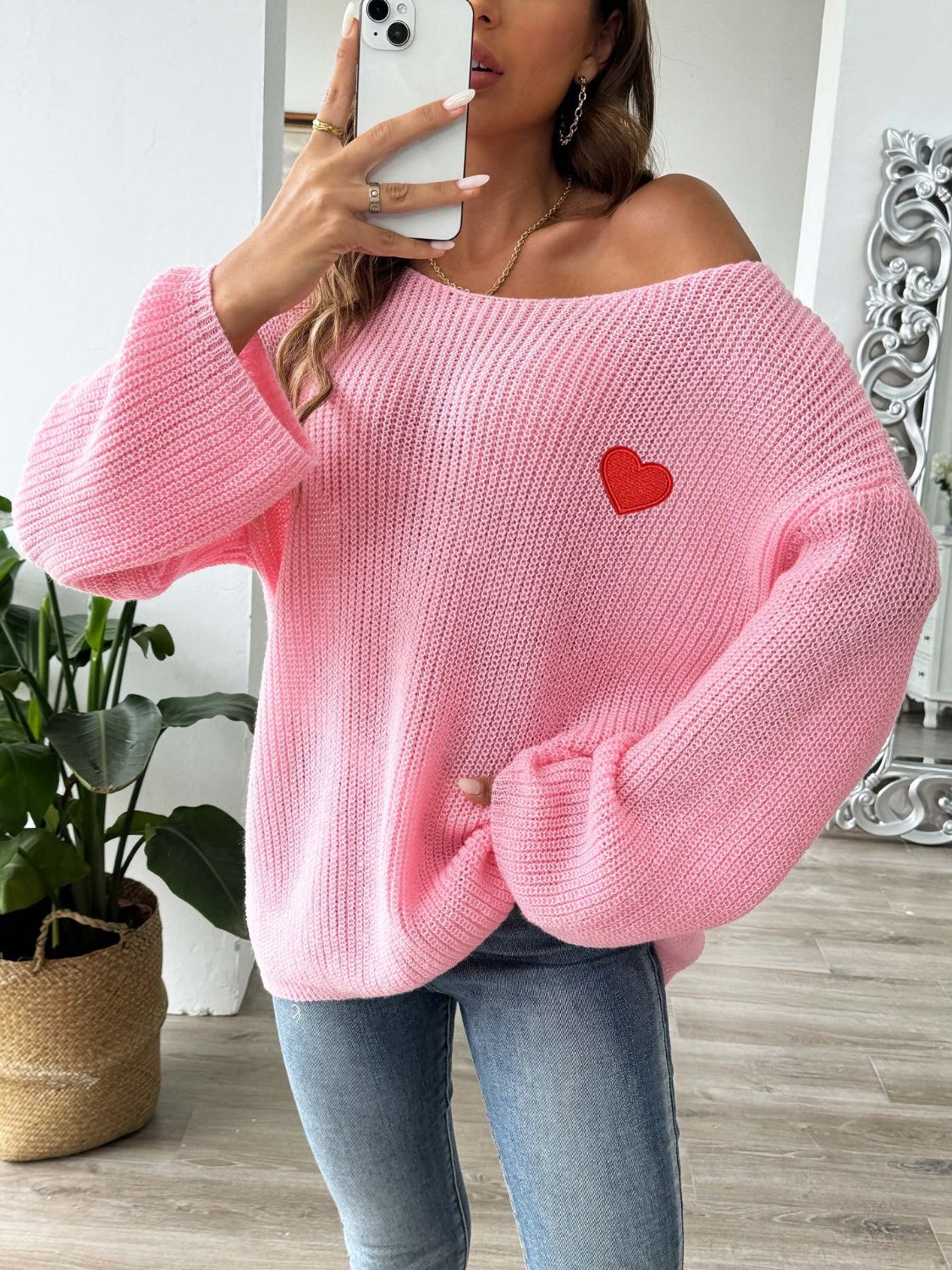 Heart Boat Neck Dropped Shoulder Sweater - Pahabu - Women's Clothing & Shop