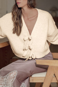 Bowknot Front V Neck Long Sleeve Cardigan - Pahabu - Women's Clothing & Shop