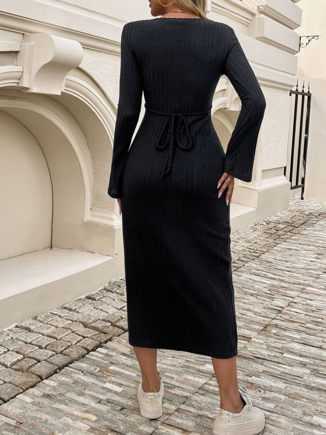 Devine Tied V-Neck Long Sleeve Sweater Dress - Pahabu - Women's Clothing & Shop