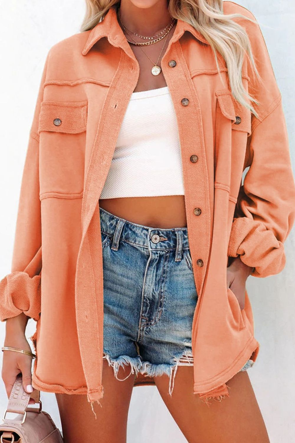 Exposed Seam Collared Neck Button Up Jacket - Pahabu - Women's Clothing & Shop